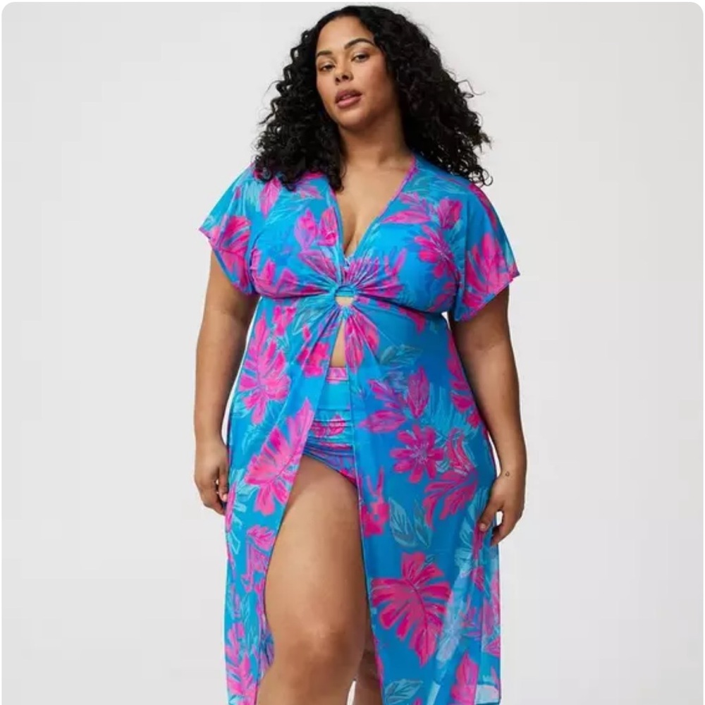 torrid 2x Blue & Pink Floral Knot-Front Swim Coverup tropical geo blue sea new